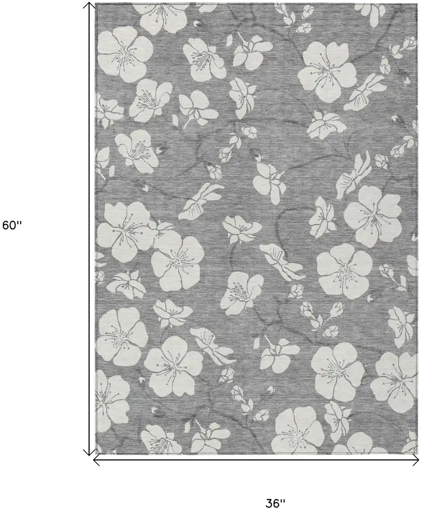 Gray And Ivory Floral Washable Indoor Outdoor Area Rug Photo 3