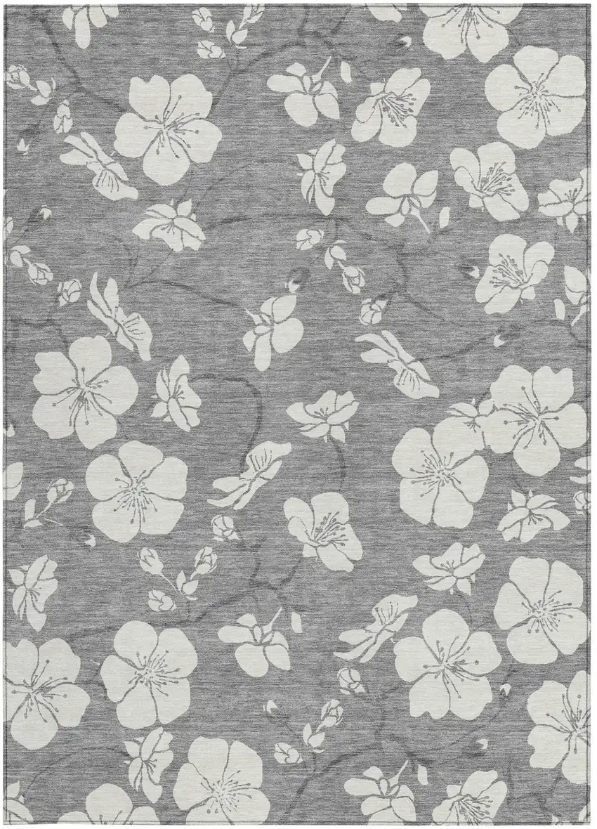Gray And Ivory Floral Washable Indoor Outdoor Area Rug Photo 7