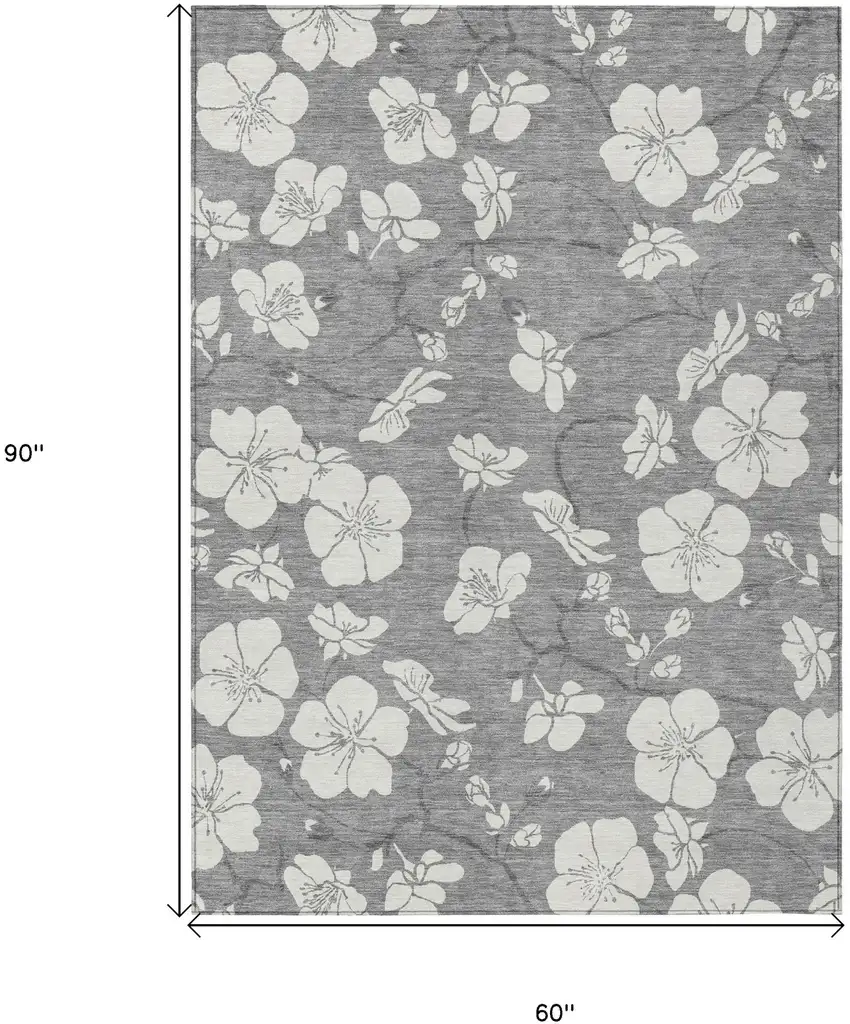 Gray And Ivory Floral Washable Indoor Outdoor Area Rug Photo 3