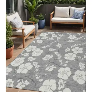 Photo of Gray And Ivory Floral Washable Indoor Outdoor Area Rug