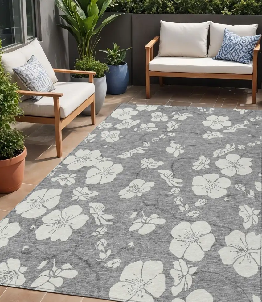 Gray And Ivory Floral Washable Indoor Outdoor Area Rug Photo 1