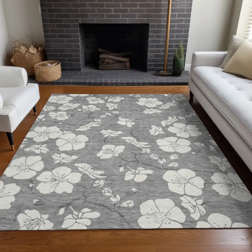 Gray And Ivory Floral Washable Indoor Outdoor Area Rug Photo 9