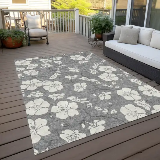 Gray And Ivory Floral Washable Indoor Outdoor Area Rug Photo 8