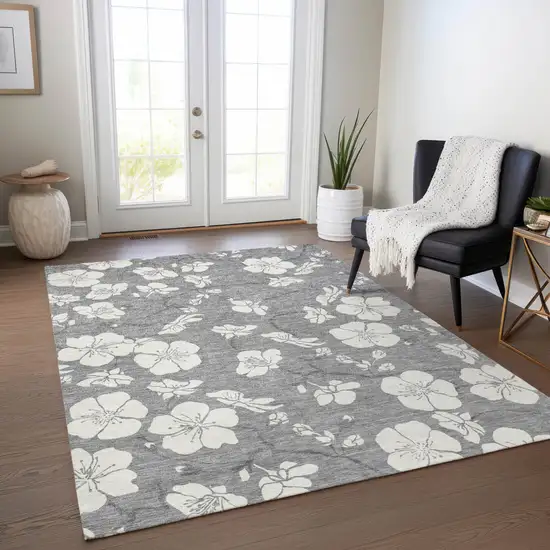 Gray And Ivory Floral Washable Indoor Outdoor Area Rug Photo 9