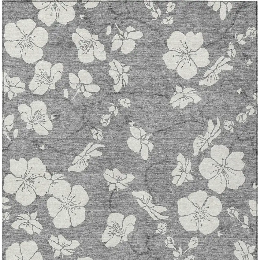 Gray And Ivory Floral Washable Indoor Outdoor Area Rug Photo 6