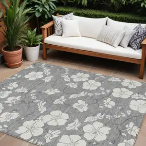 Photo of Gray And Ivory Floral Washable Indoor Outdoor Area Rug