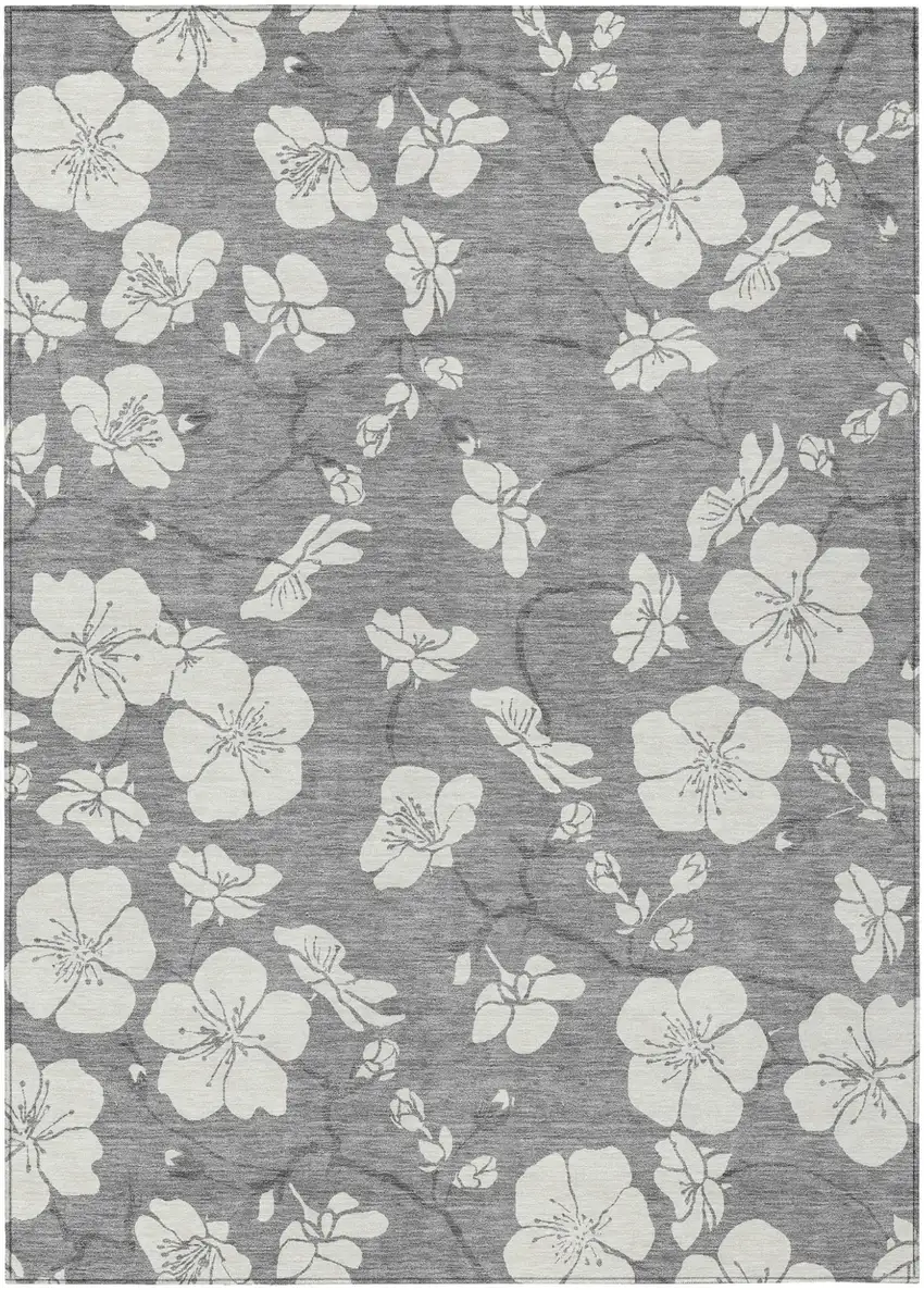 Gray And Ivory Floral Washable Indoor Outdoor Area Rug Photo 2