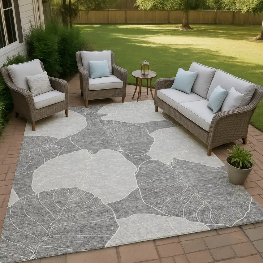 Gray And Ivory Floral Washable Indoor Outdoor Area Rug Photo 4