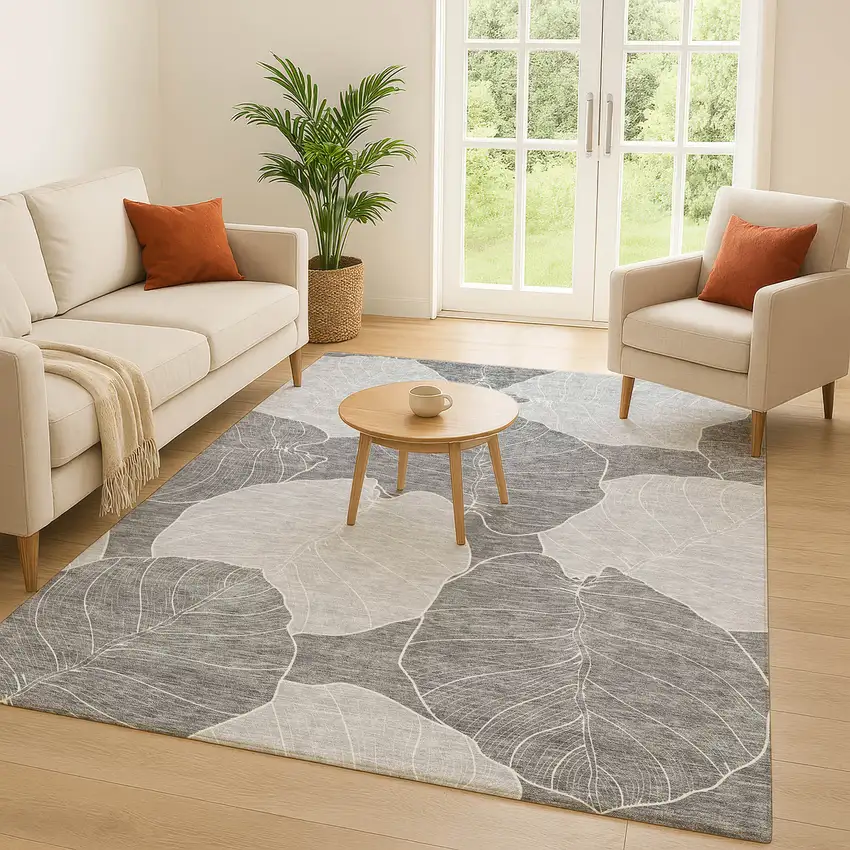 Gray And Ivory Floral Washable Indoor Outdoor Area Rug Photo 5