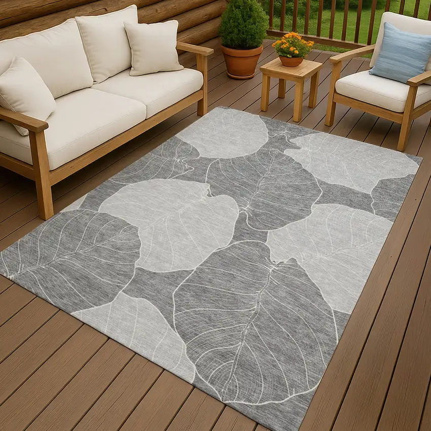 Gray And Ivory Floral Washable Indoor Outdoor Area Rug Photo 7