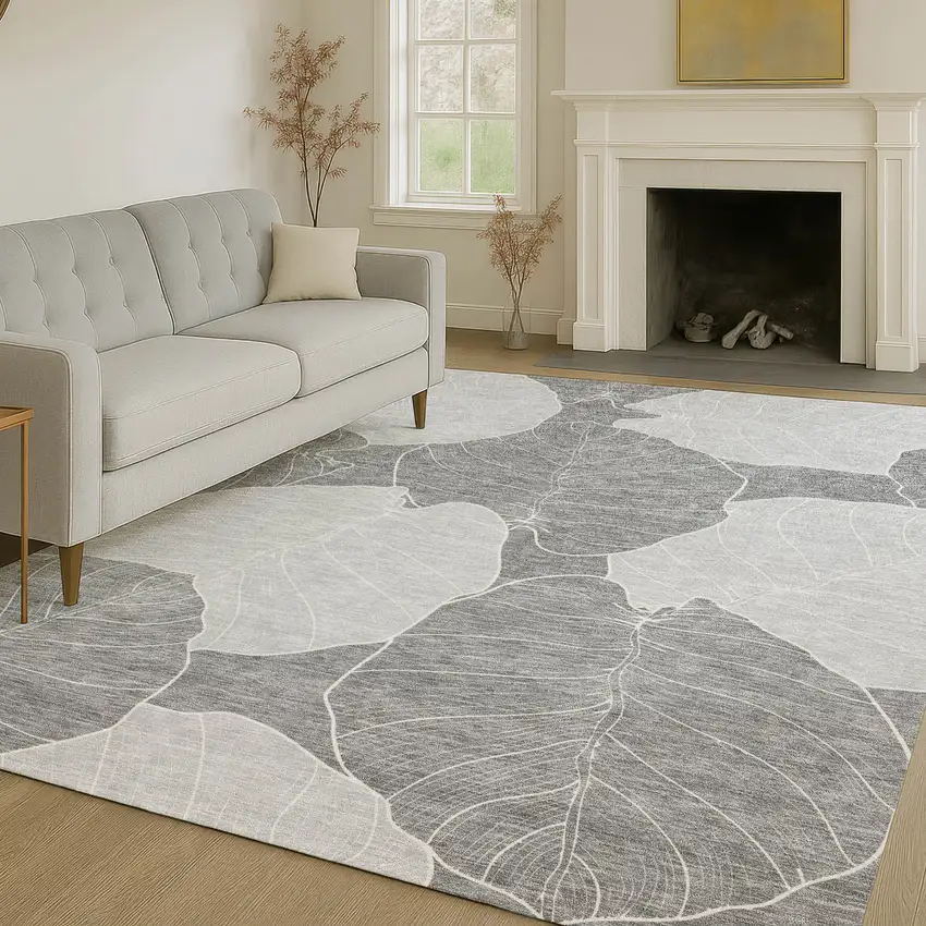 Gray And Ivory Floral Washable Indoor Outdoor Area Rug Photo 6