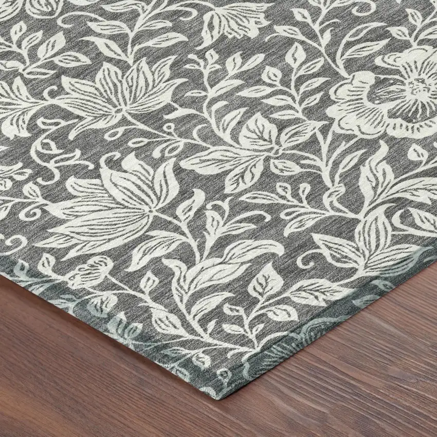 Gray And Ivory Floral Washable Indoor Outdoor Area Rug Photo 4