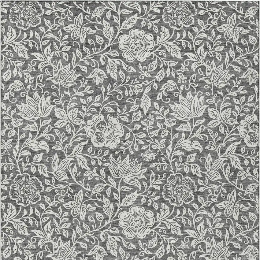 Gray And Ivory Floral Washable Indoor Outdoor Area Rug Photo 3