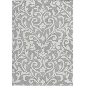 Photo of Gray And Ivory Floral Washable Indoor Outdoor Area Rug