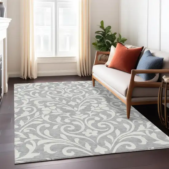Gray And Ivory Floral Washable Indoor Outdoor Area Rug Photo 9