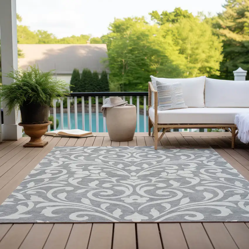 Gray And Ivory Floral Washable Indoor Outdoor Area Rug Photo 9