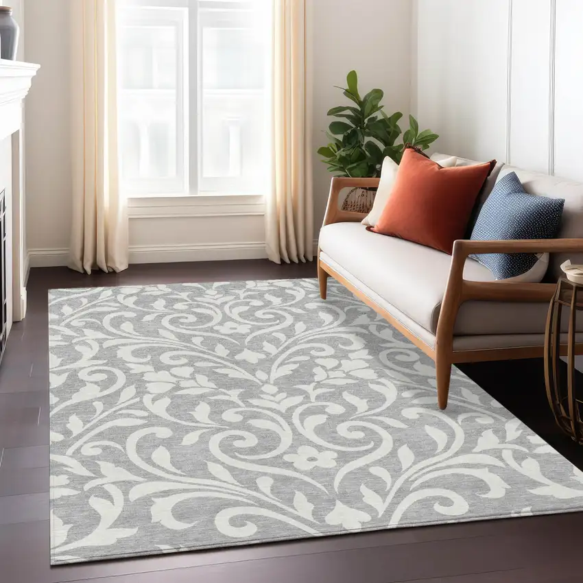 Gray And Ivory Floral Washable Indoor Outdoor Area Rug Photo 9