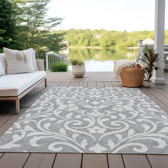 Gray And Ivory Floral Washable Indoor Outdoor Area Rug Photo 8