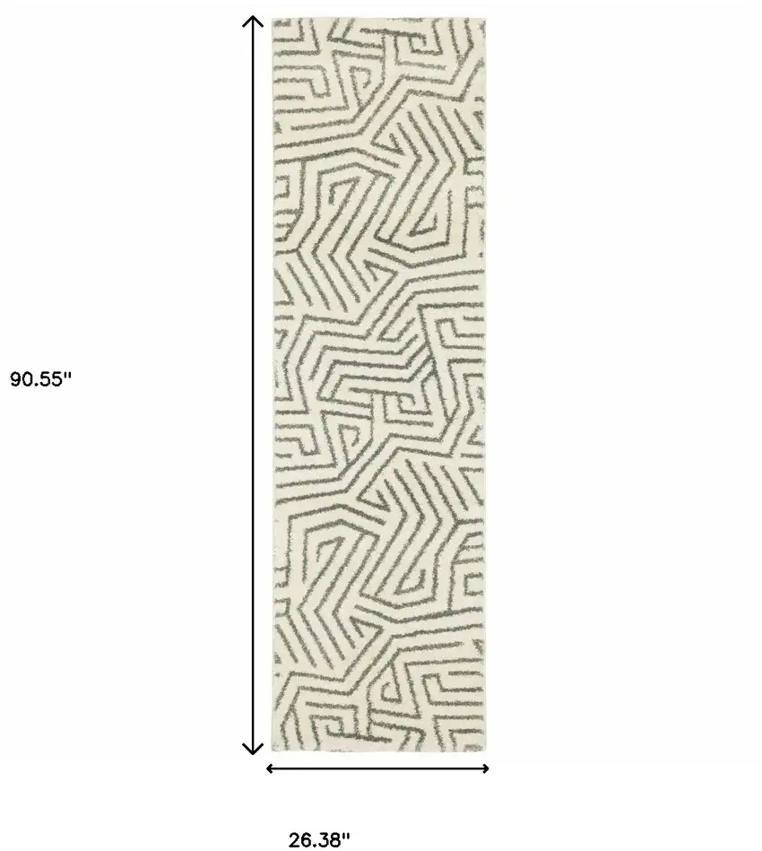 Gray And Ivory Geometric Power Loom Runner Rug Photo 9