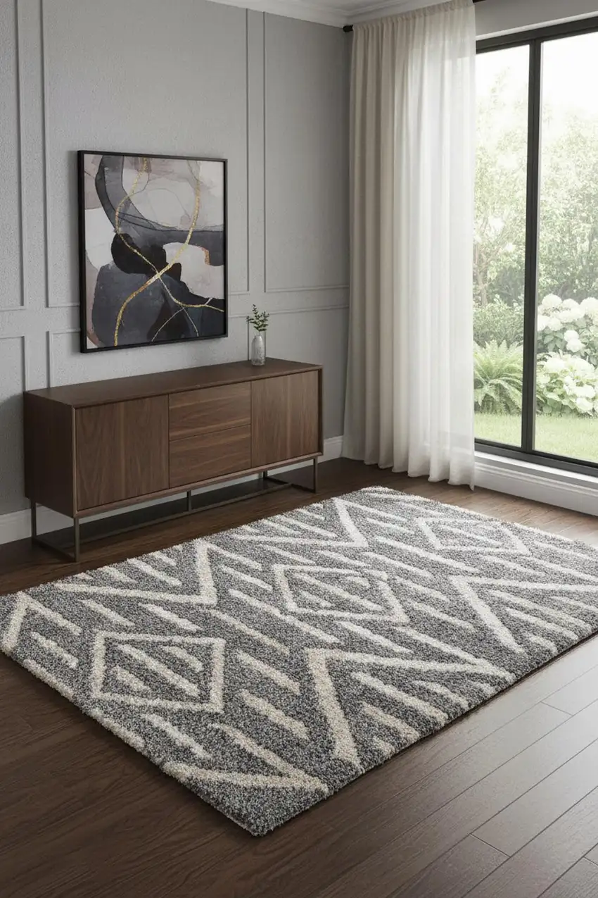 Gray And Ivory Geometric Power Loom Stain Resistant Area Rug Photo 1