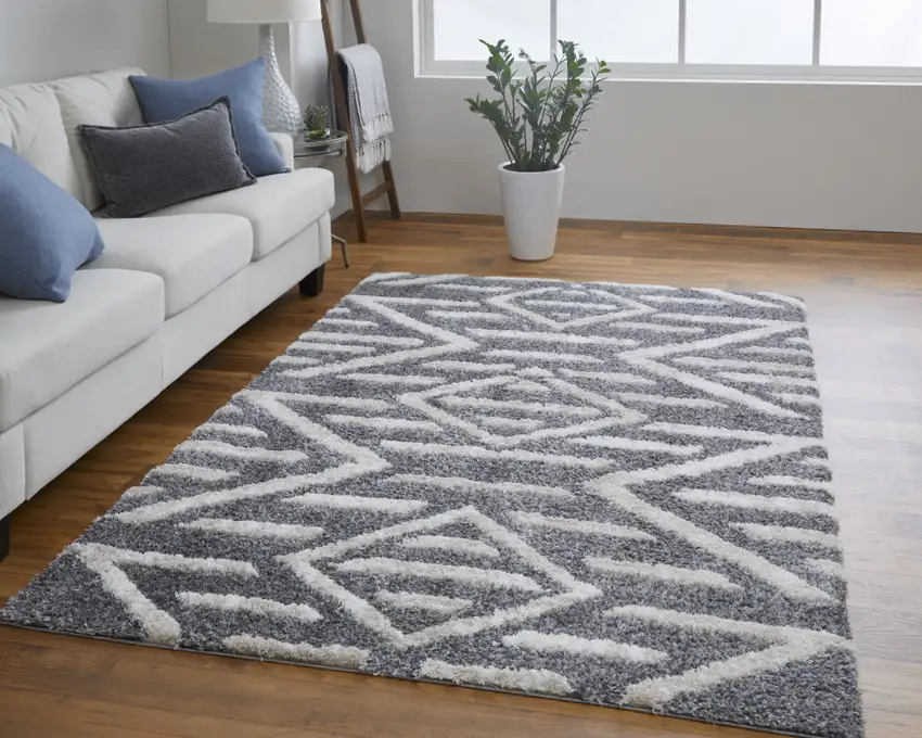 Gray And Ivory Geometric Power Loom Stain Resistant Area Rug Photo 2