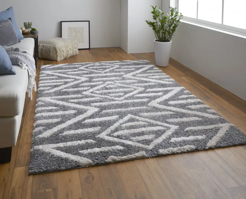 Gray And Ivory Geometric Power Loom Stain Resistant Area Rug Photo 3