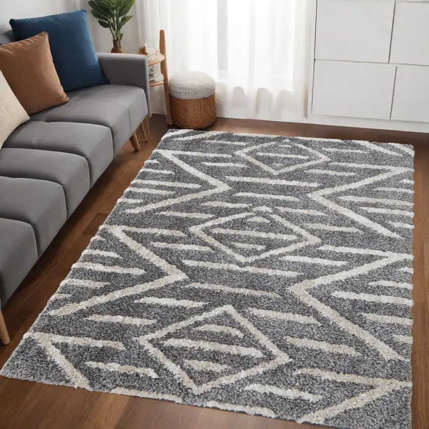 Gray And Ivory Geometric Power Loom Stain Resistant Area Rug Photo 1