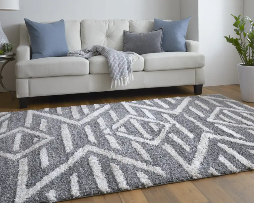 Gray And Ivory Geometric Power Loom Stain Resistant Area Rug Photo 8