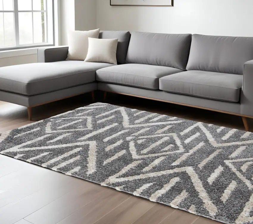 Gray and Ivory Geometric Power Loom Area Rug Photo 1