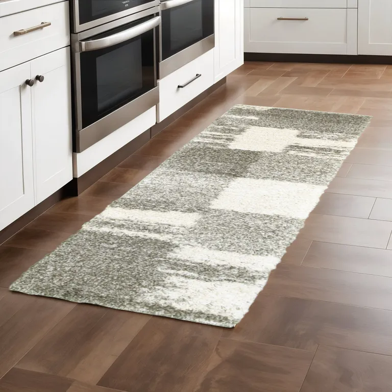 Gray And Ivory Geometric Shag Power Loom Runner Rug Photo 5