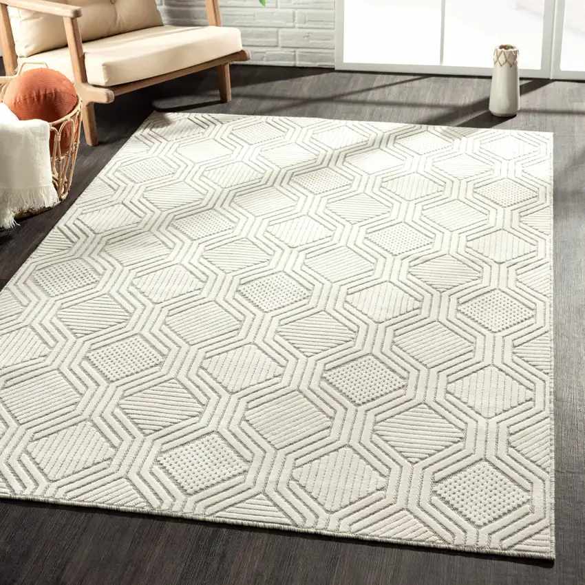 Gray And Ivory Geometric Stain Resistant Indoor Outdoor Area Rug Photo 8