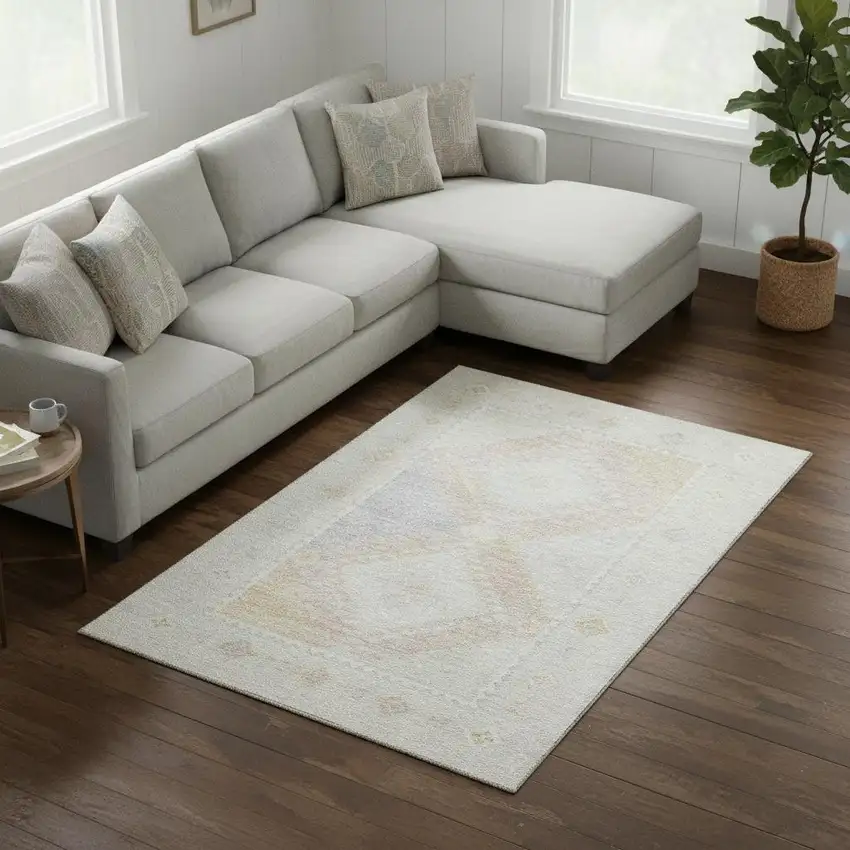 Gray And Ivory Geometric Washable Area Rug With UV Protection Photo 1