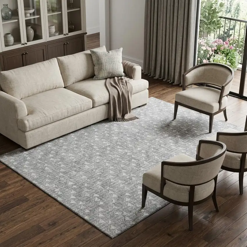 Gray And Ivory Geometric Washable Area Rug With UV Protection Photo 1