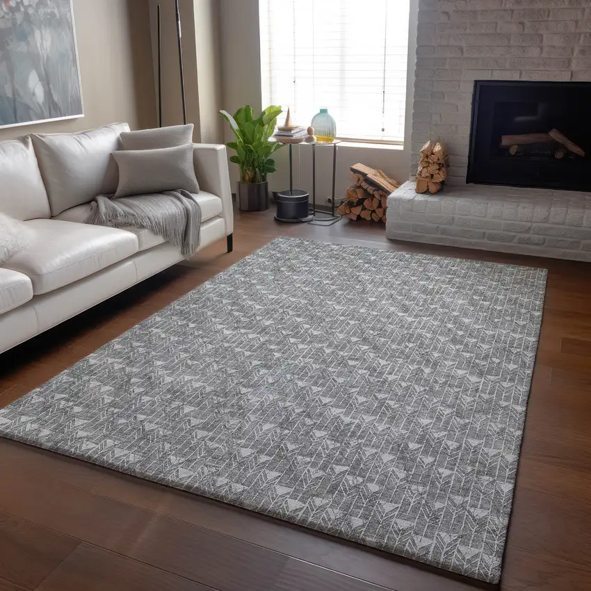 Gray And Ivory Geometric Washable Area Rug With UV Protection Photo 6