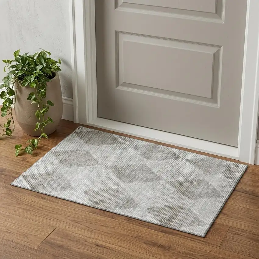 Gray And Ivory Geometric Washable Area Rug With UV Protection Photo 1