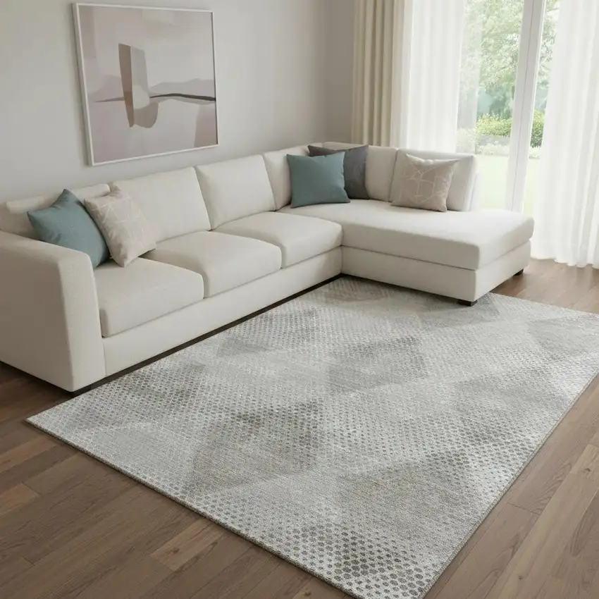 Gray And Ivory Geometric Washable Area Rug With UV Protection Photo 1
