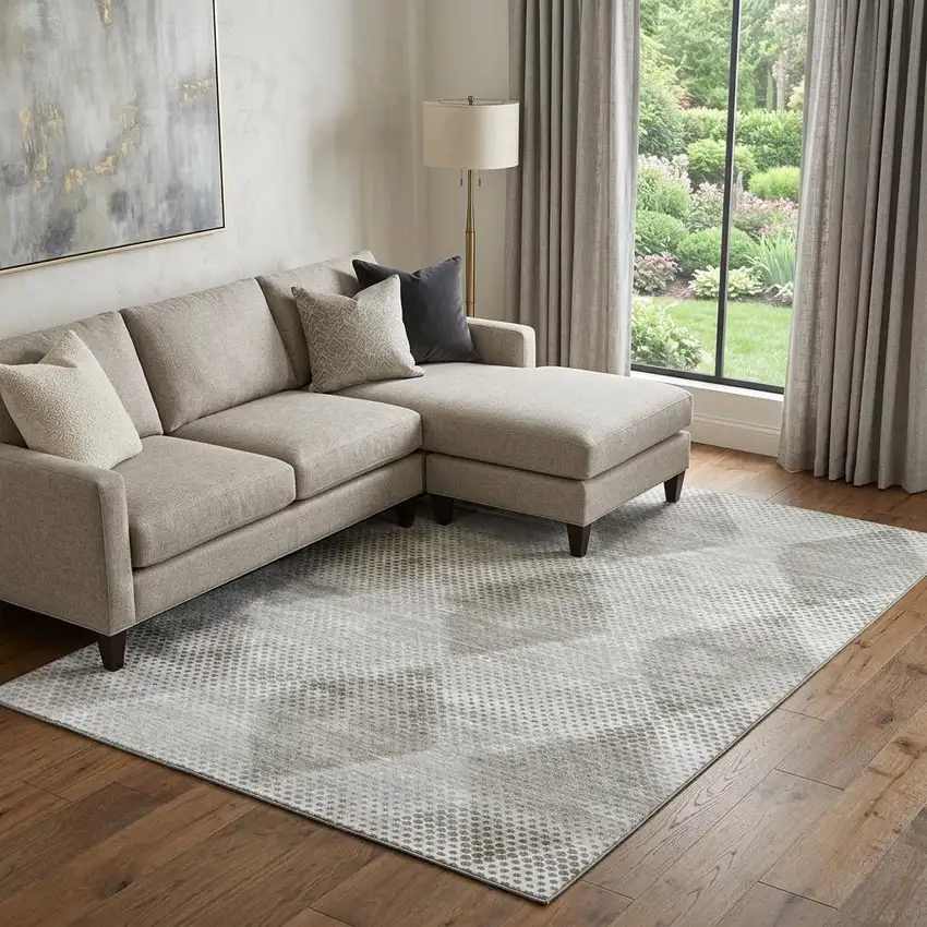 Gray And Ivory Geometric Washable Area Rug With UV Protection Photo 1