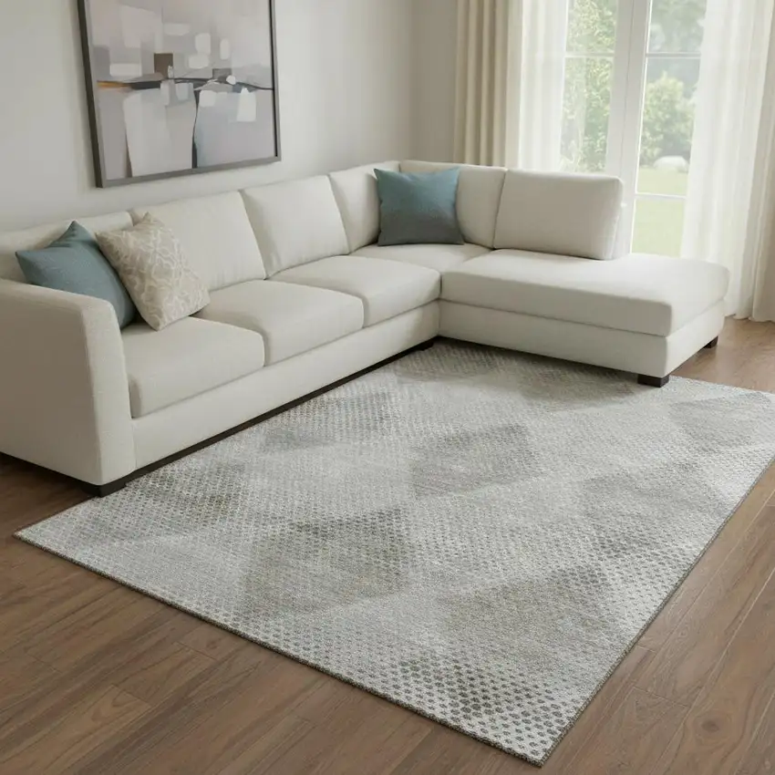 Gray And Ivory Geometric Washable Area Rug With UV Protection Photo 1