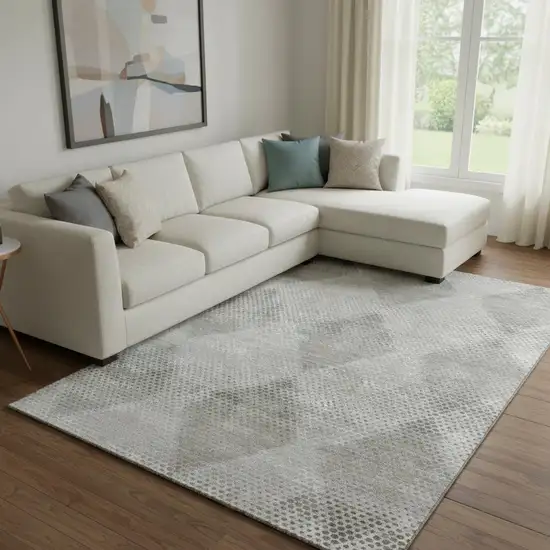 Gray And Ivory Geometric Washable Area Rug With UV Protection Photo 1