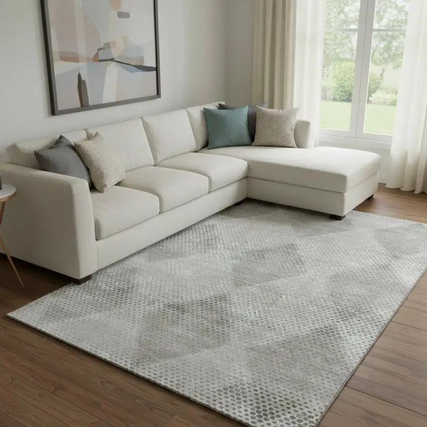 Gray And Ivory Geometric Washable Area Rug With UV Protection Photo 1