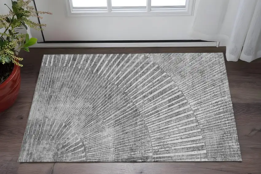 Gray And Ivory Geometric Washable Area Rug With UV Protection Photo 2