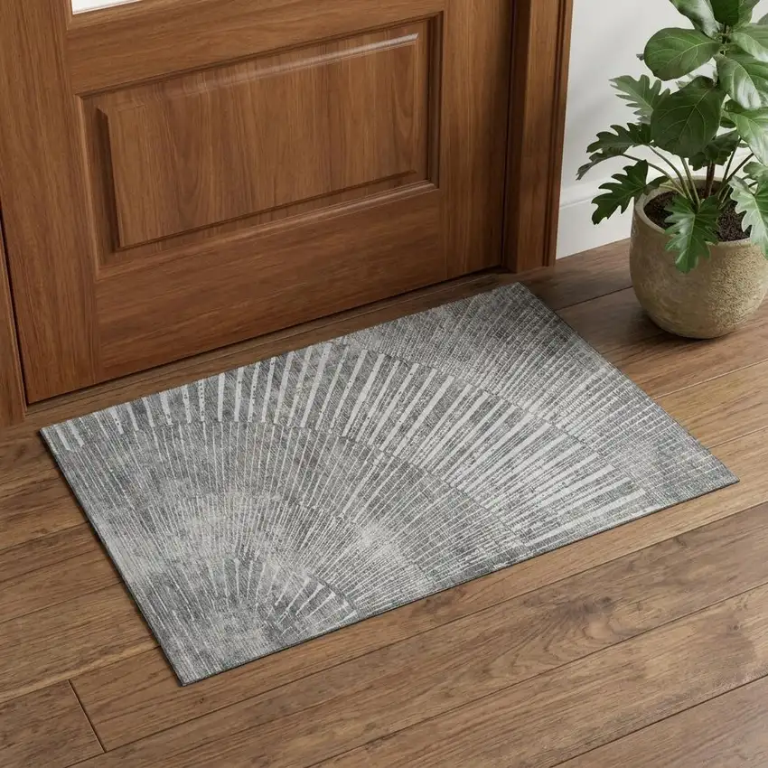 Gray And Ivory Geometric Washable Area Rug With UV Protection Photo 1