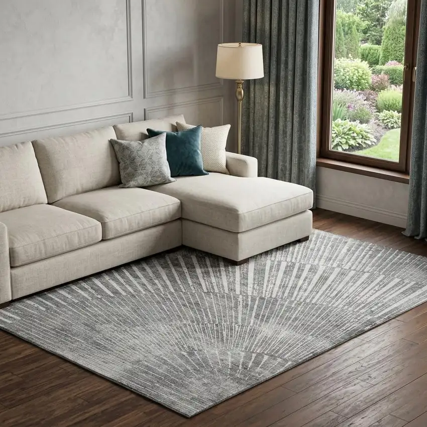 Gray And Ivory Geometric Washable Area Rug With UV Protection Photo 1
