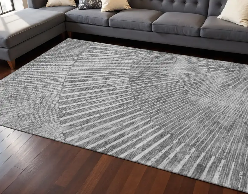 Gray And Ivory Geometric Washable Area Rug With UV Protection Photo 2