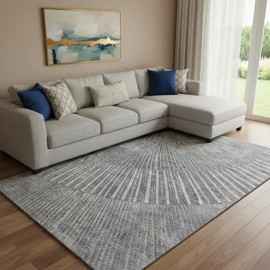Gray And Ivory Geometric Washable Area Rug With UV Protection Photo 1