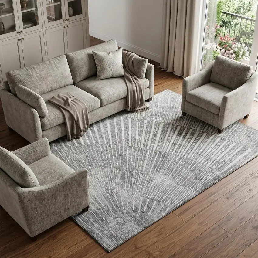 Gray And Ivory Geometric Washable Area Rug With UV Protection Photo 1