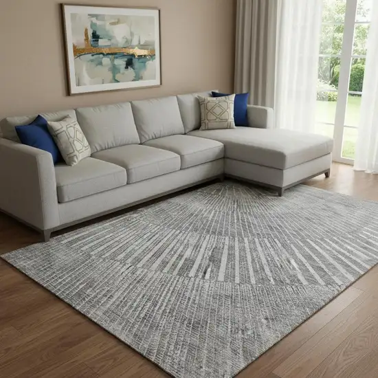 Gray And Ivory Geometric Washable Area Rug With UV Protection Photo 1