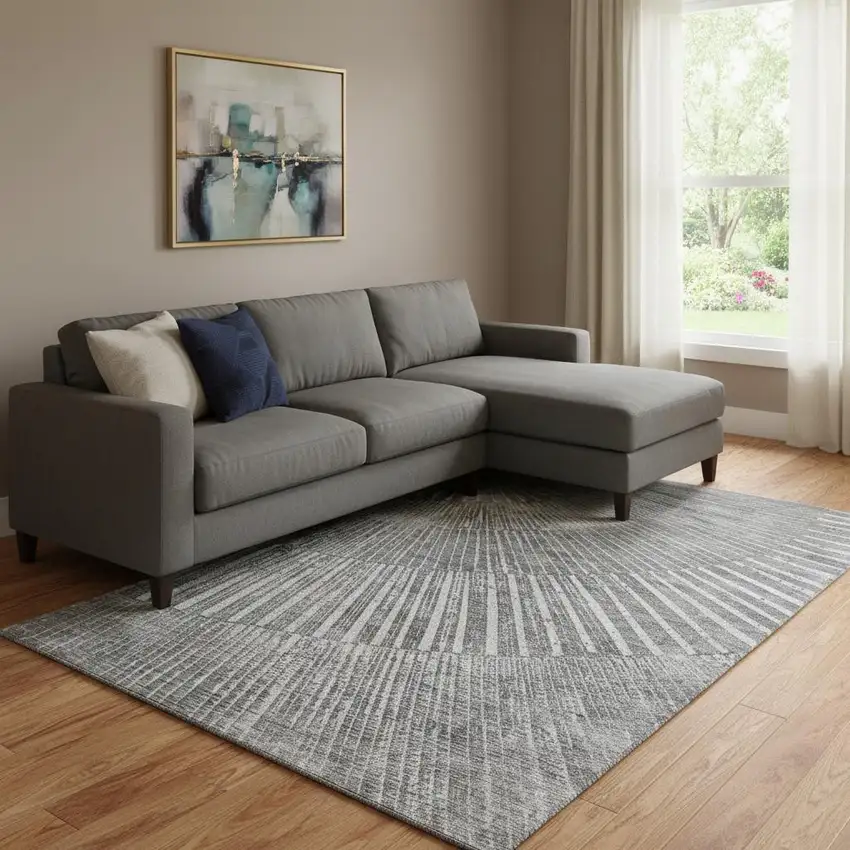 Gray And Ivory Geometric Washable Area Rug With UV Protection Photo 1