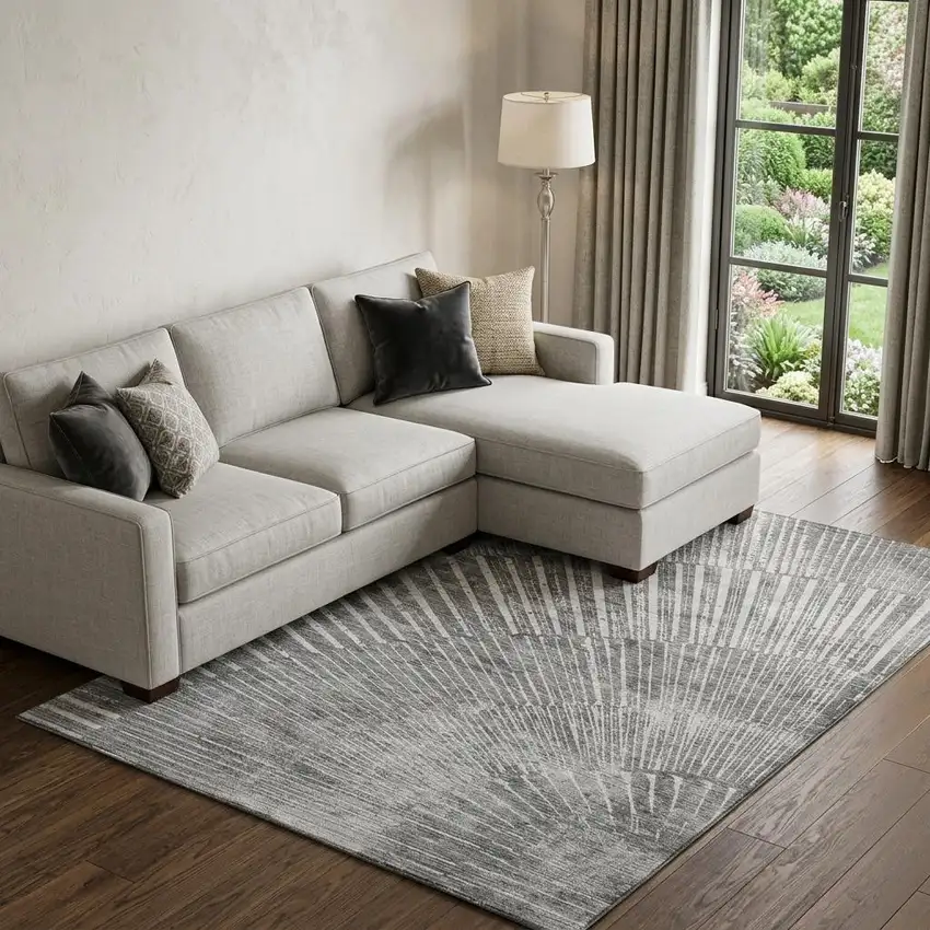 Gray And Ivory Geometric Washable Area Rug With UV Protection Photo 1