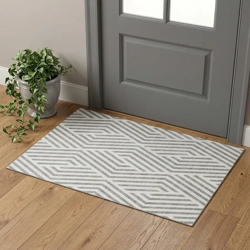 Gray And Ivory Geometric Washable Area Rug With UV Protection Photo 1